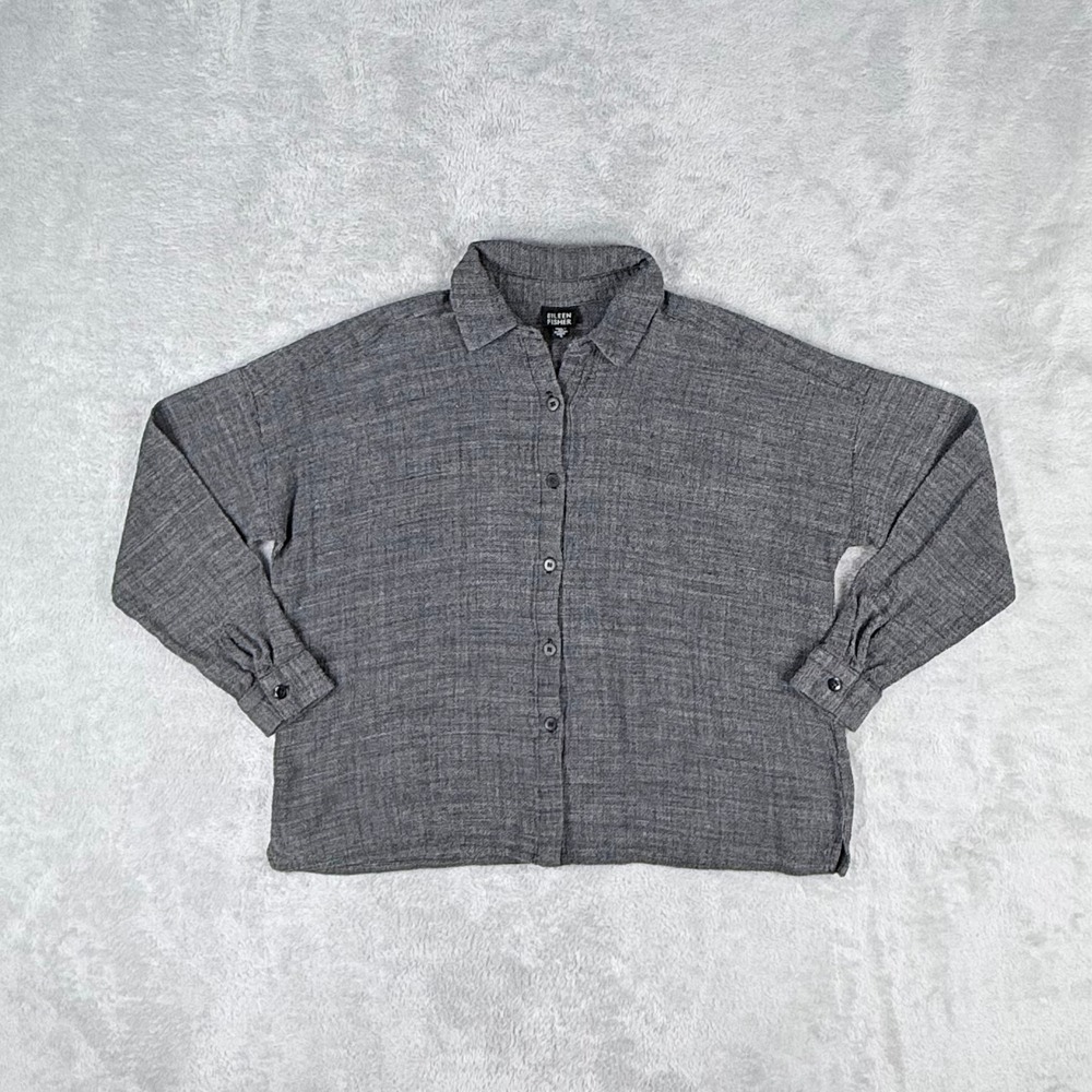 Eileen Fisher Linen Blend Button Up Shirt Womens Small Grey Oversized Viscose